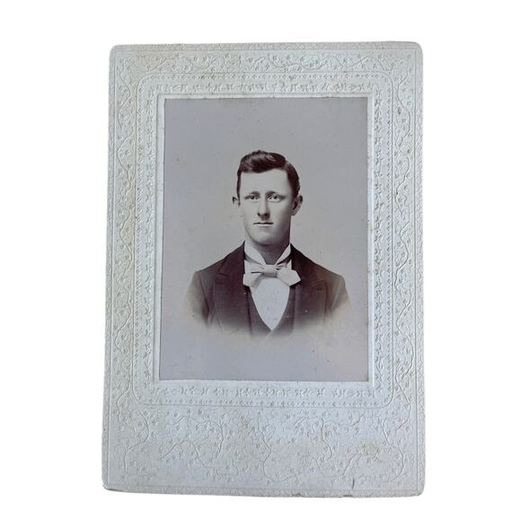 Antique Photo Cabinet Card 1900s BW Handsome Young Man Intricate Embossed Frame - Picture 2 of 4